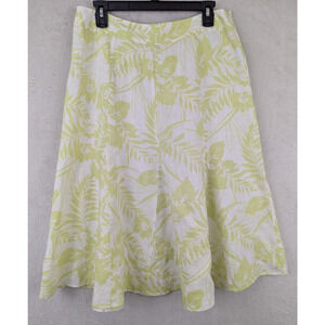 JM Collection sz 10 100% Linen Midi Skirt a-line green white leaf print 1056